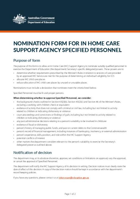 In Home Care Support Agency Specified Personnel nomination form